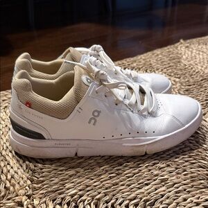 On Running White and Beige Tennis Shoes